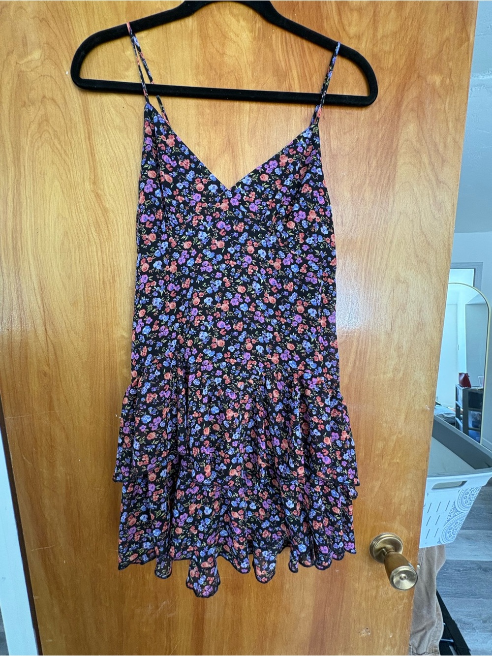 Floral V-Neck Spaghetti Strap Mini Dress - Black with Pink & Purple Flowers